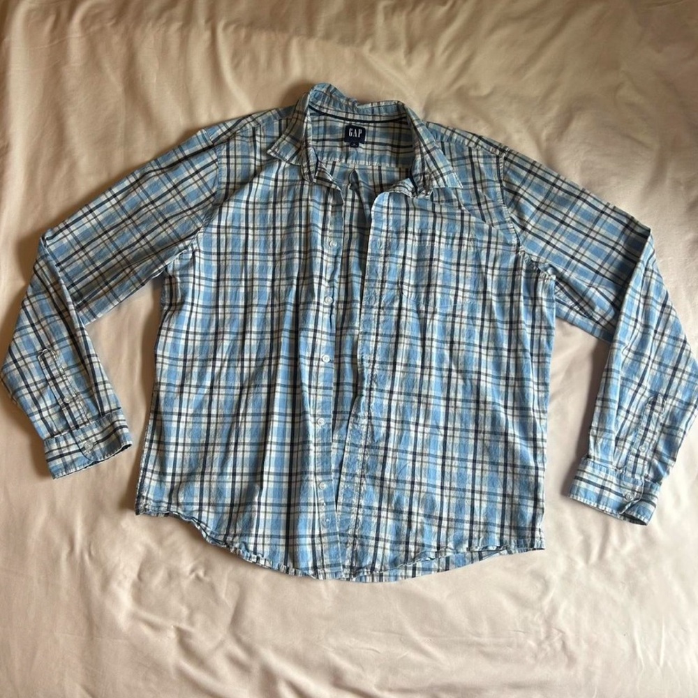 Men’s GAP Long Sleeve Plaid Button-Up – Blue & White – Size XL
